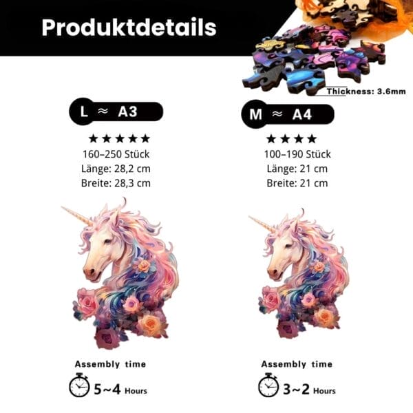Einhorn Puzzle Größen: L (A3) mit 160-250 Teilen, M (A4) mit 100-190 Teilen. Montagezeiten angegeben.