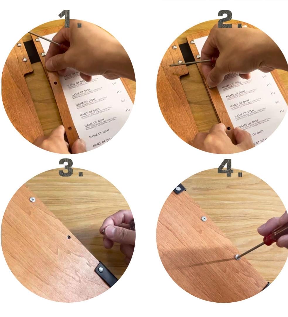 Anleitung: Menükarte aus Holz zusammenbauen mit Schrauben. Schritte 1-4.