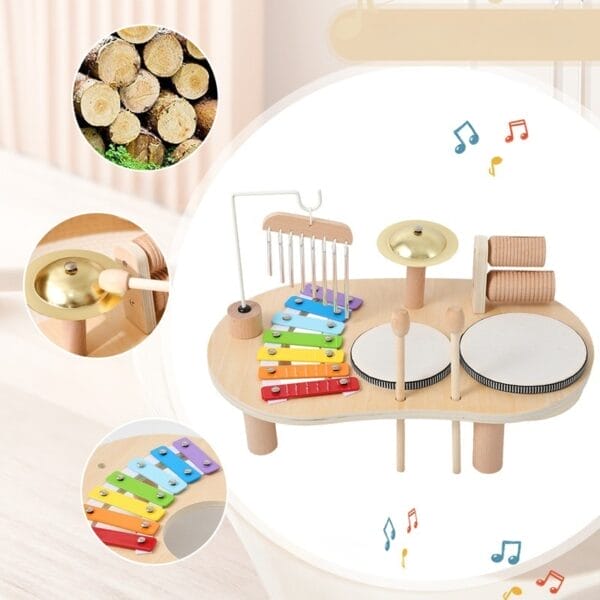 Nachhaltiger Musik-Spieltisch für Babys aus Holz mit Xylophon, Trommeln und Becken.