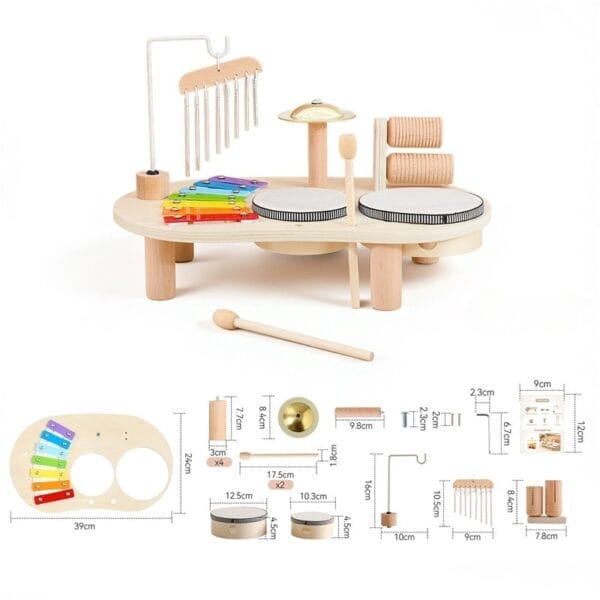 Nachhaltiger Musik-Spieltisch für Babys mit Xylophon, Trommeln und Becken. Holz Spieltisch Großhandel.