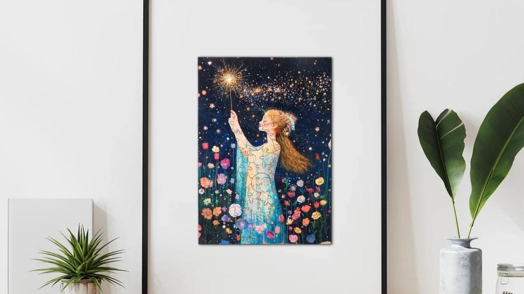 Gemälde einer Frau im Blumengarten, die nach Sternen greift.