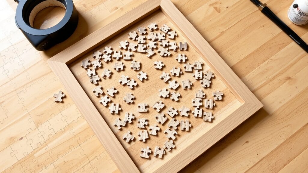 Holzpuzzle-Teile in einem Rahmen, bereit zum Einrahmen. Wie man Holzpuzzles richtig einrahmt.