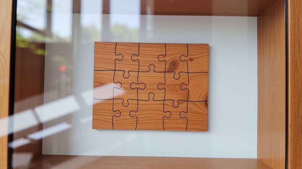 Holzpuzzle, gerahmt in einem Schaukasten, hängt an einer weißen Wand.