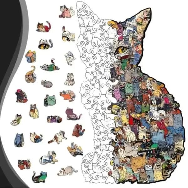Katzenpuzzle in Form einer Katze, halb zusammengesetzt, mit vielen bunten Katzenbildern.