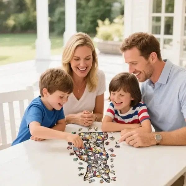 Familie legt ein Puzzle mit Autos. Spaß am Wochenende.