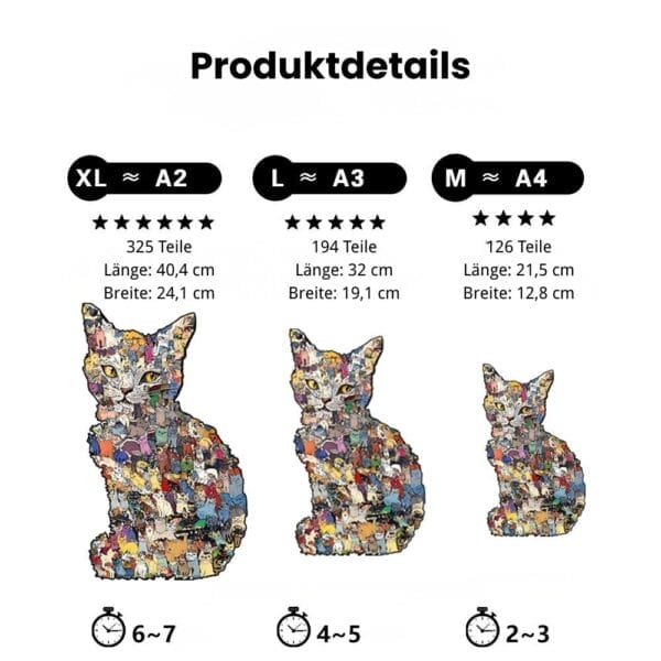 Produktdetails: Puzzle in Katzengestalt, Größen XL (A2), L (A3), M (A4) mit Teileanzahl und Maßen.