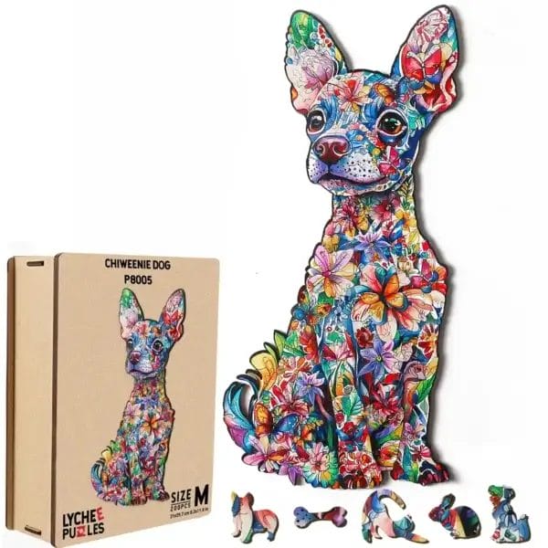 Hunde Puzzle aus Holz: Bunter Chiweenie Hund, 200 Teile, mit Holzkiste. Lychee Puzzles.