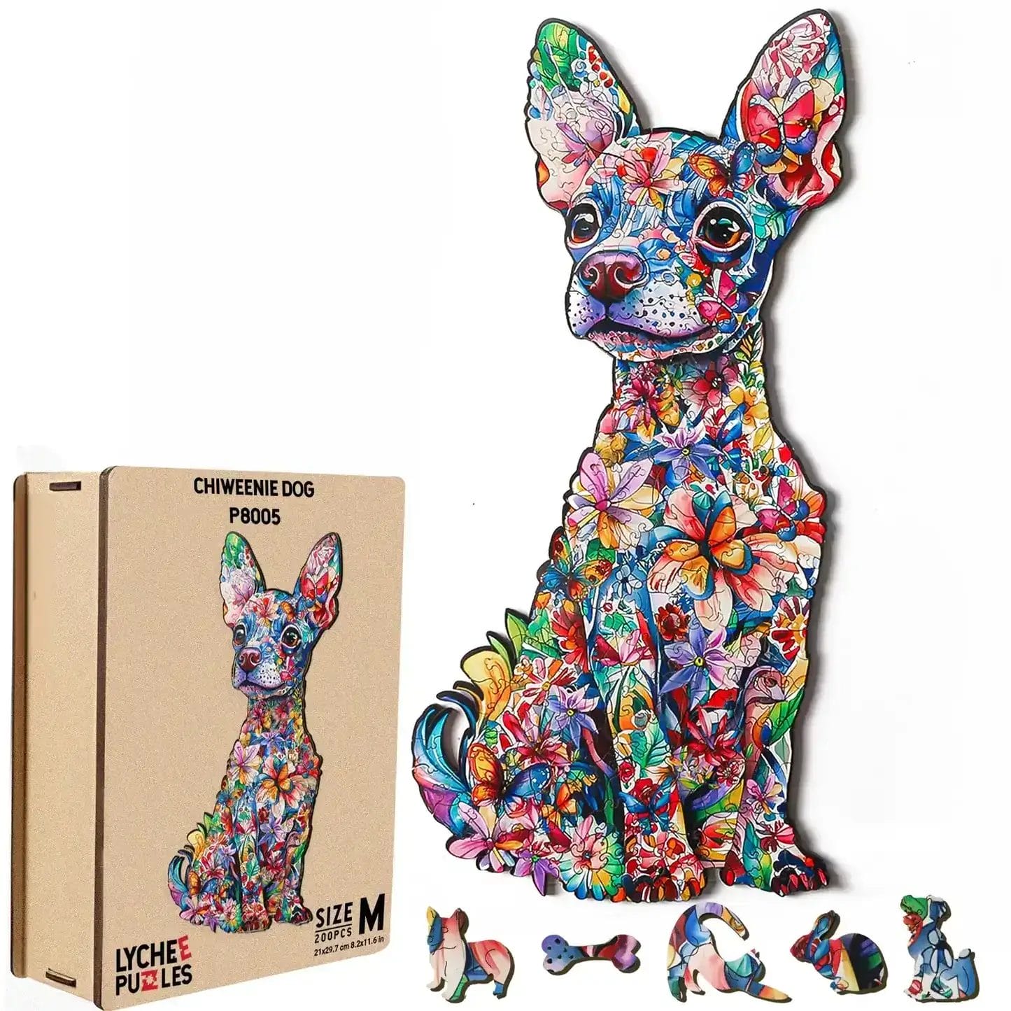 Hunde Puzzle aus Holz: Bunter Chiweenie Hund, 200 Teile, mit Holzkiste. Lychee Puzzles.