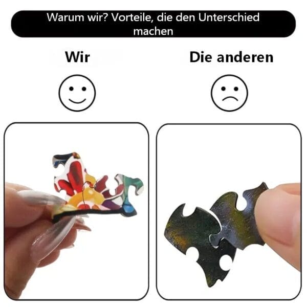 Hunde Puzzle aus Holz: "Wir" vs. "Die Anderen" mit lächelndem/traurigem Emoji.