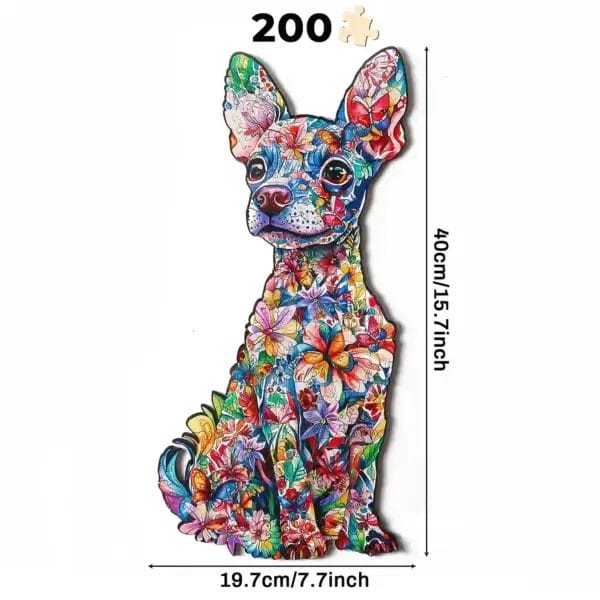 Hunde Puzzle aus Holz, 200 Teile, in Hundeform mit bunten Blumenmustern. Größe: 40cm x 19.7cm.