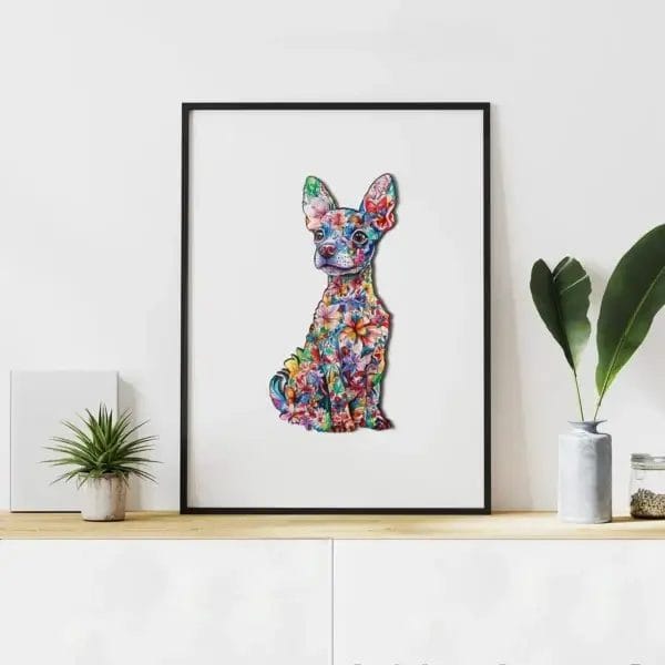 Hunde Puzzle aus Holz: Chihuahua mit Blumenmuster als Wanddeko im Rahmen.