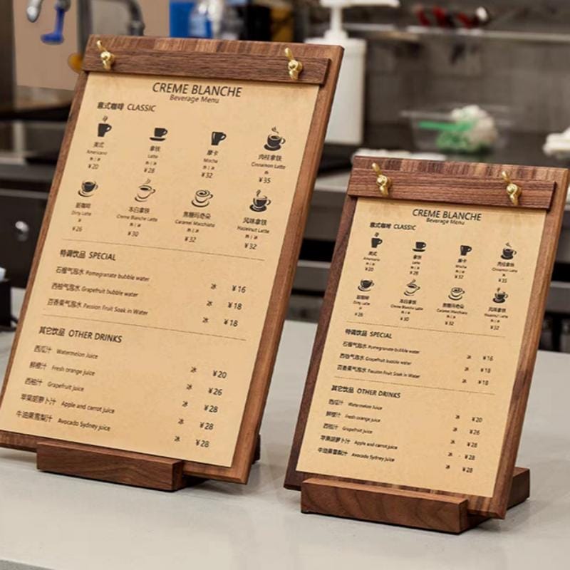 Klemmbrett Speisekarten aus Schwarznuss für Cafés mit Getränkekarte, Creme Blanche.