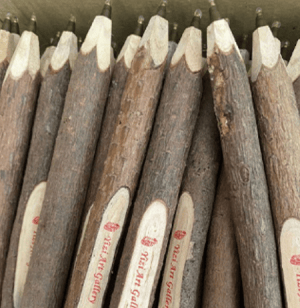 Rustikale Holz Stifte aus Kiefernholz mit "Nisi Art Gallery" Aufdruck.