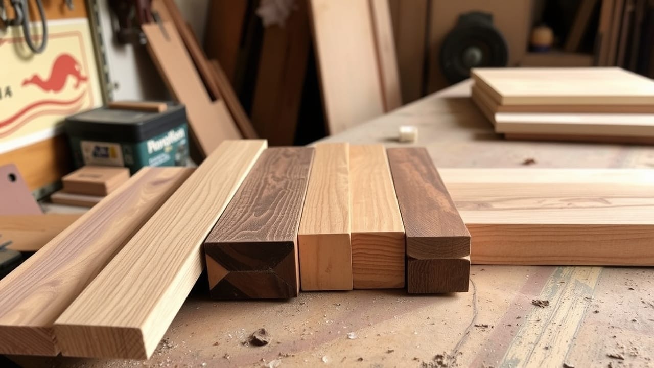 Holzstücke unterschiedlicher Art und Farbe für das Löffel schnitzen.