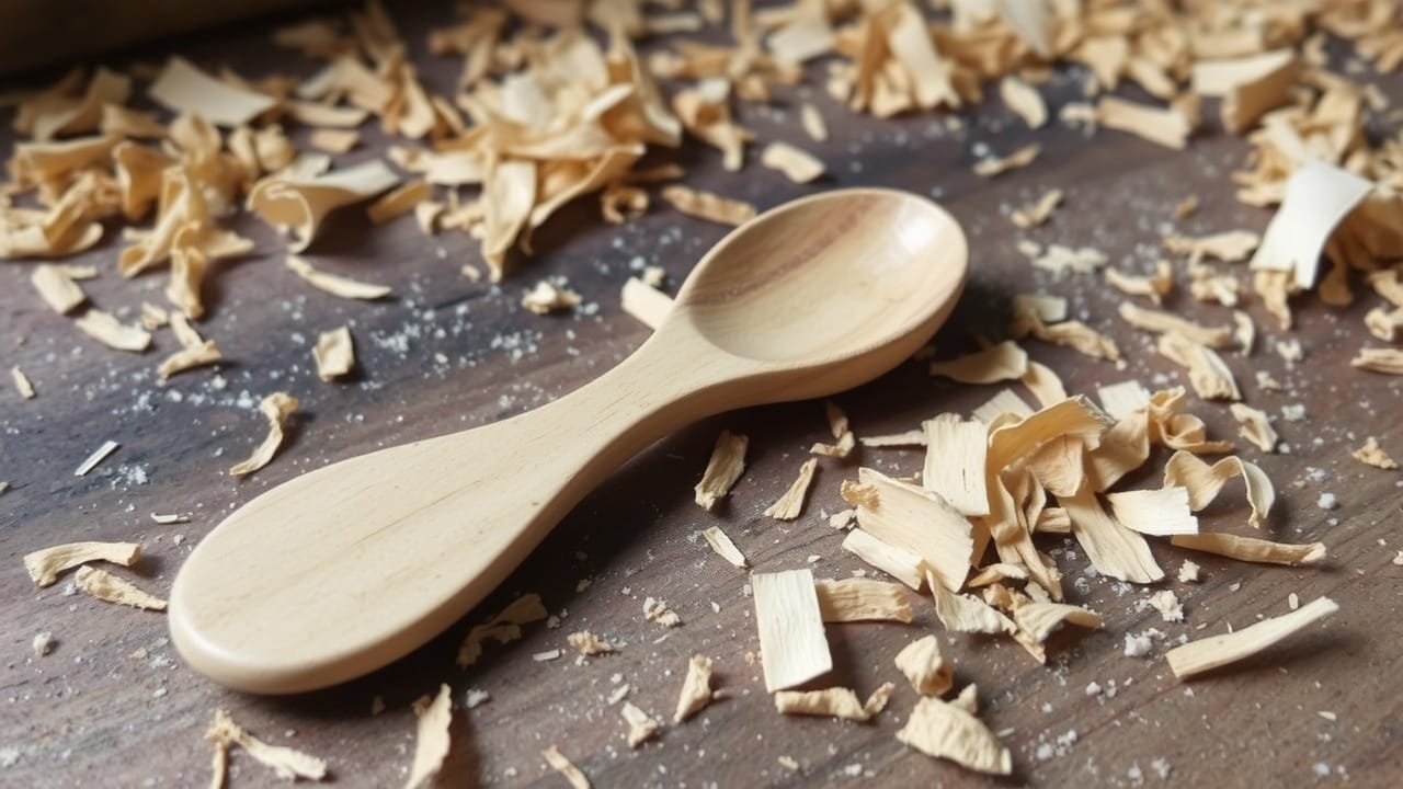 Geschnitzter Holzlöffel auf einer Holzoberfläche mit Holzspänen. Löffel schnitzen leicht gemacht.