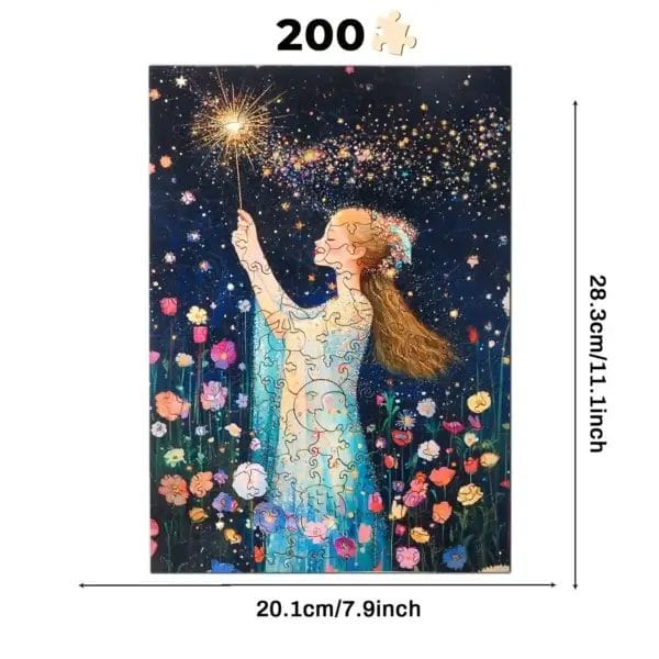 Mädchen zündet Wunderkerze an, umgeben von Blumen und Sternen – 200-Teile-Holzpuzzle