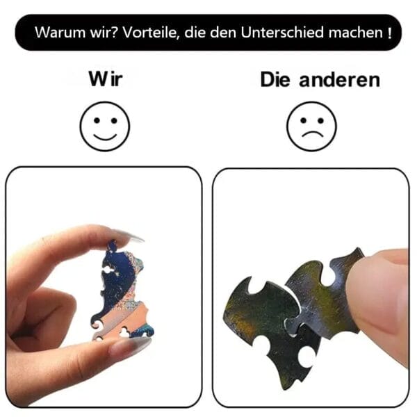 Vergleich: Magisches Holzpuzzle-Teil vs. minderwertiges Teil.