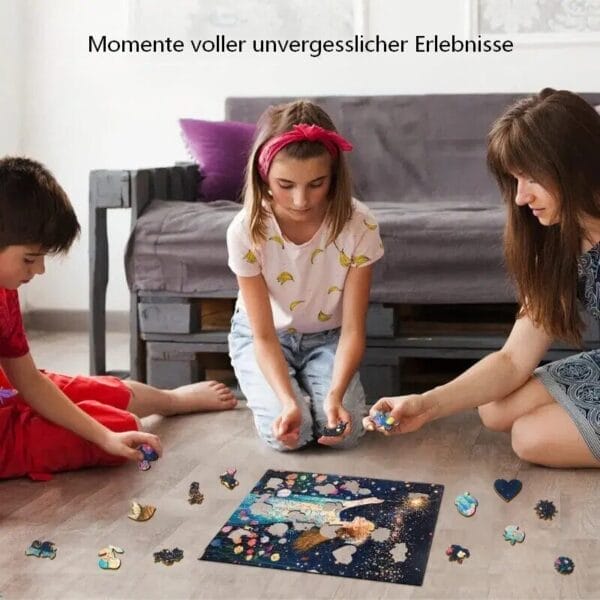 Familie legt magisches Holzpuzzle mit 200 Teilen