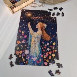 Märchenhaftes Holzpuzzle: Mädchen mit Zauberstab und Blumen