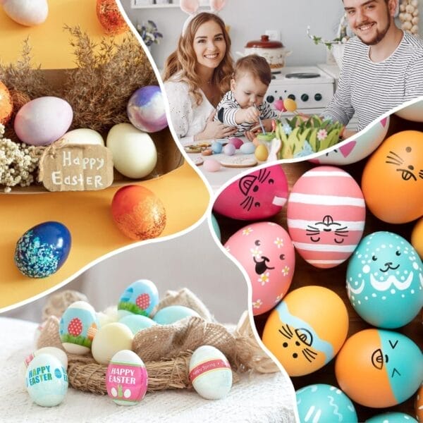 Ostereier-Deko: Familie bemalt Eier, dekorierte Eier in verschiedenen Designs, "Happy Easter".