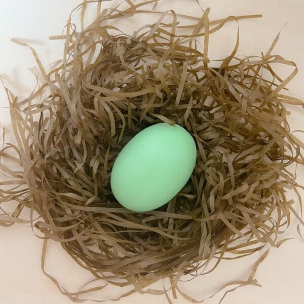Grünes Osterei im Nest aus Holzspänen – Osterdeko