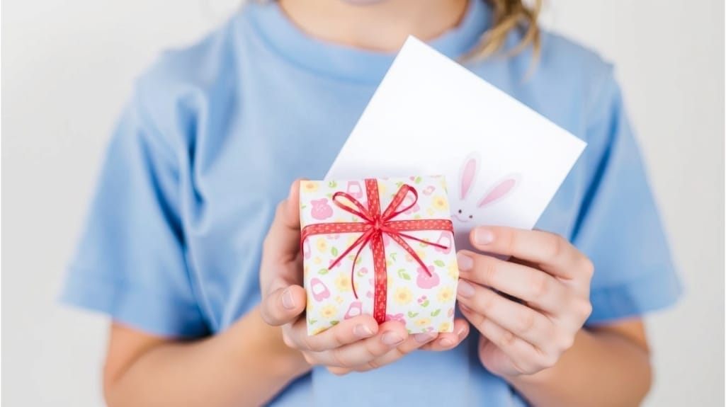 Kind hält ein kleines Ostergeschenk und eine Karte mit Osterhase. Kreative Ostergeschenke.