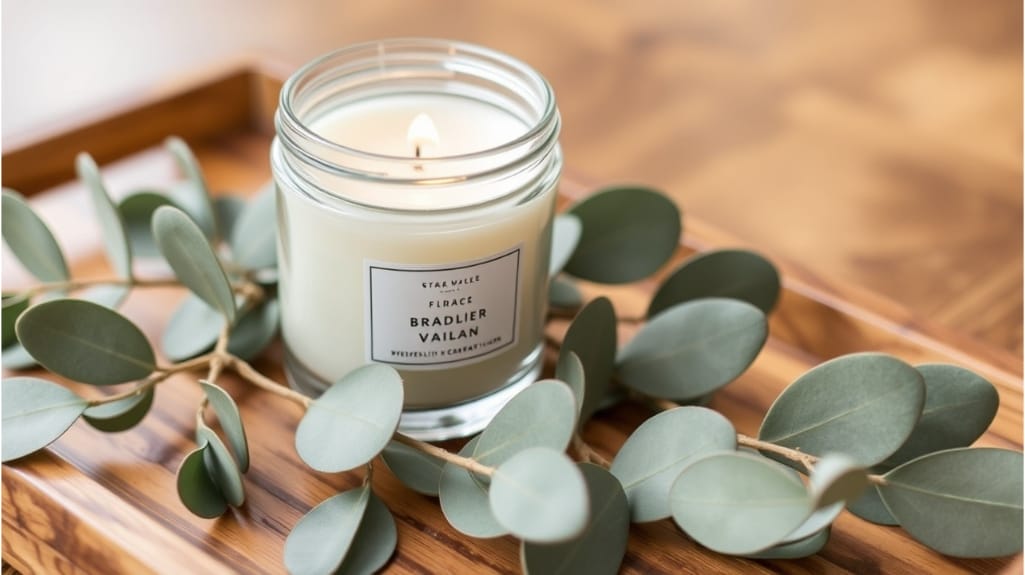 Duftkerze "Bradlier Vailan" auf Holztablett mit Eukalyptuszweigen.