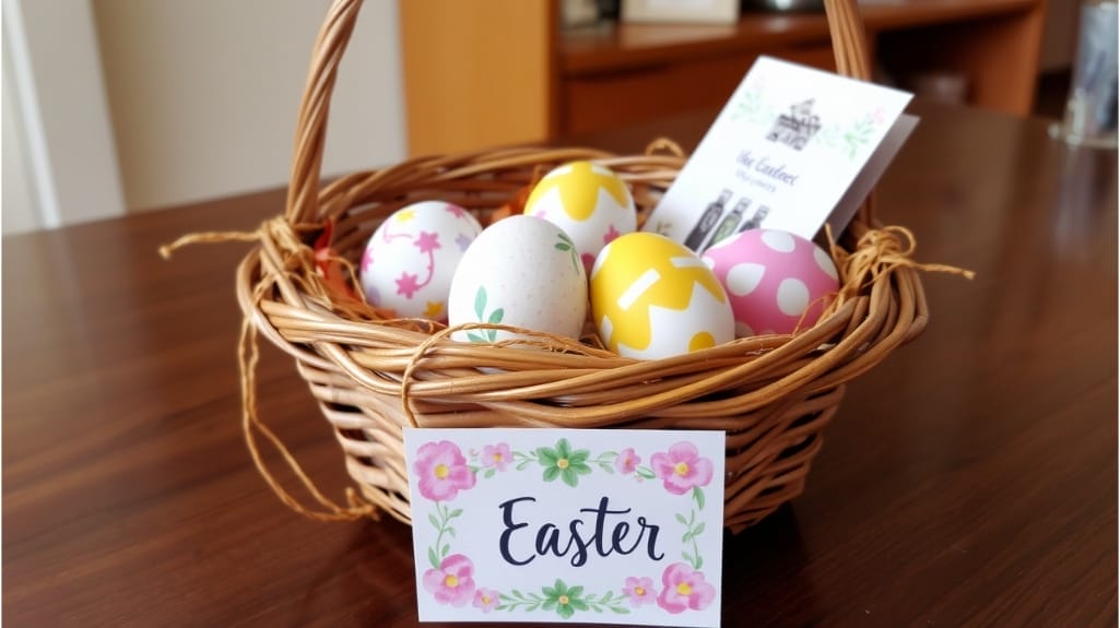 Osterkorb mit bemalten Eiern und "Easter" Schild. Kreative Ostergeschenke.
