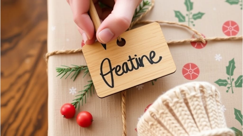 Geschenk mit Schild "Jeatine" und Weihnachtsdeko. Kreative Ostergeschenke.