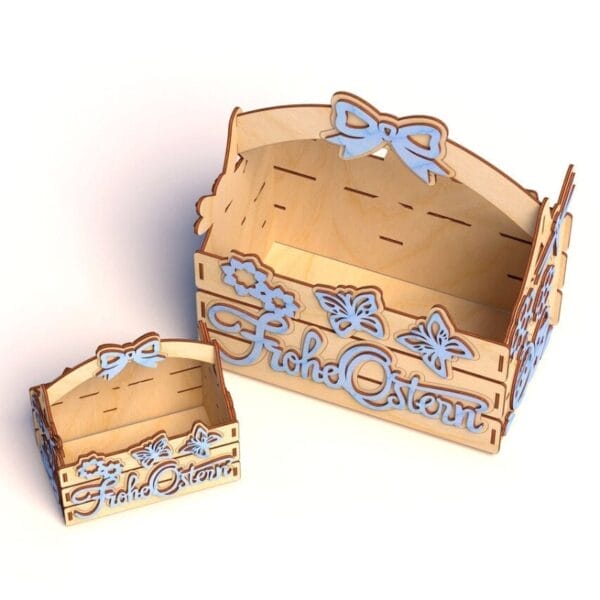 Osterkörbe aus Holz mit "Frohe Ostern" Schriftzug, robust und stilvoll.