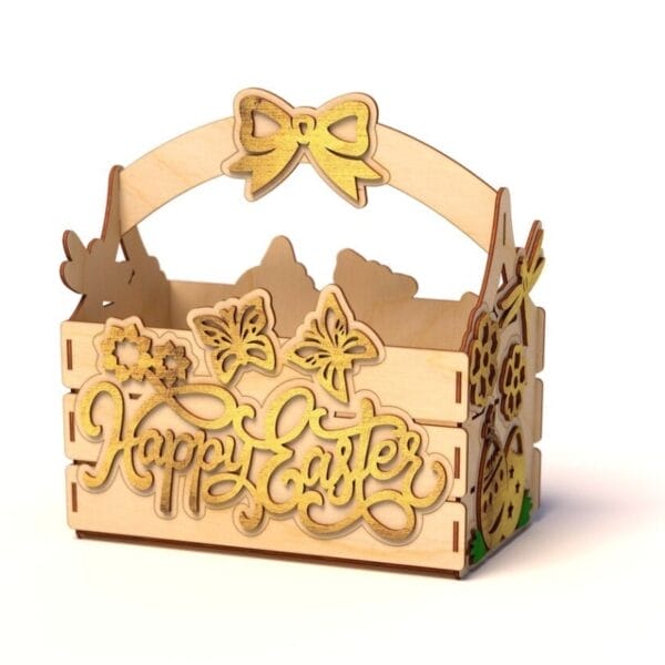 Osterkorb aus Holz mit "Happy Easter"-Schriftzug und Verzierungen. Robuster und stilvoller Holzkorb.