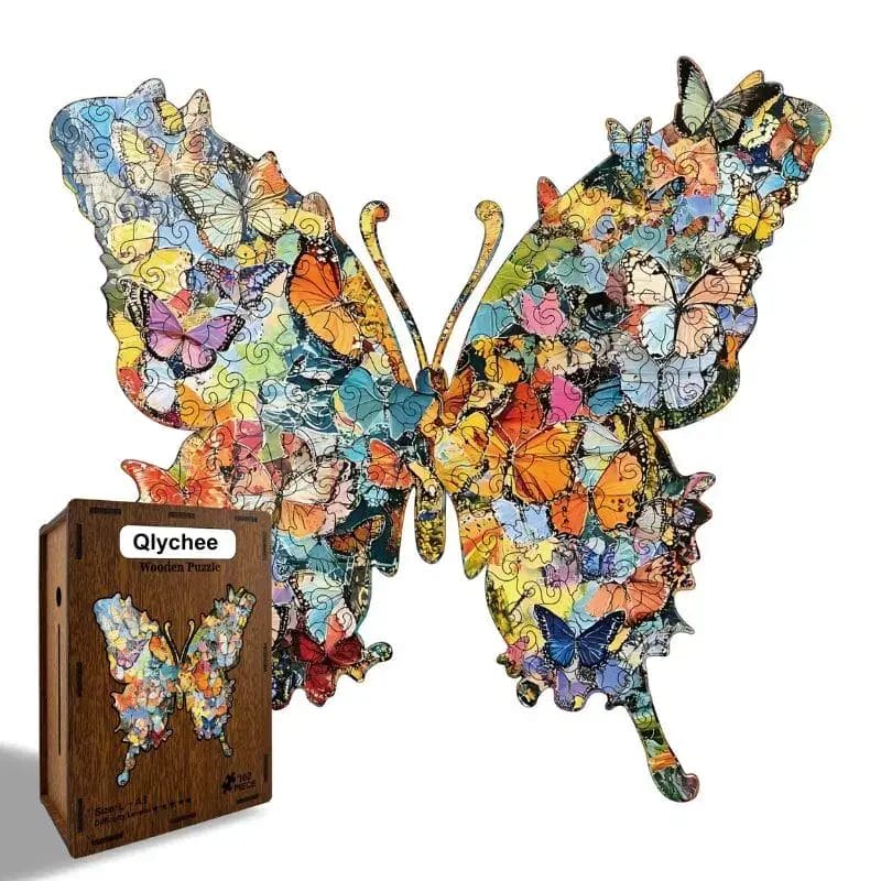 Schmetterling Puzzle Holz mit 126 Teilen, bunte Schmetterlinge, daneben die Holzbox mit dem Puzzle-Motiv.