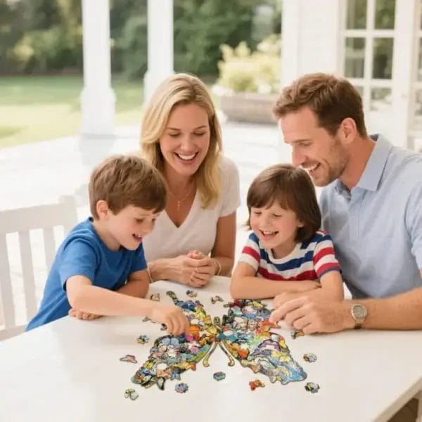 Familie legt Schmetterling Puzzle aus Holz auf der Terrasse.