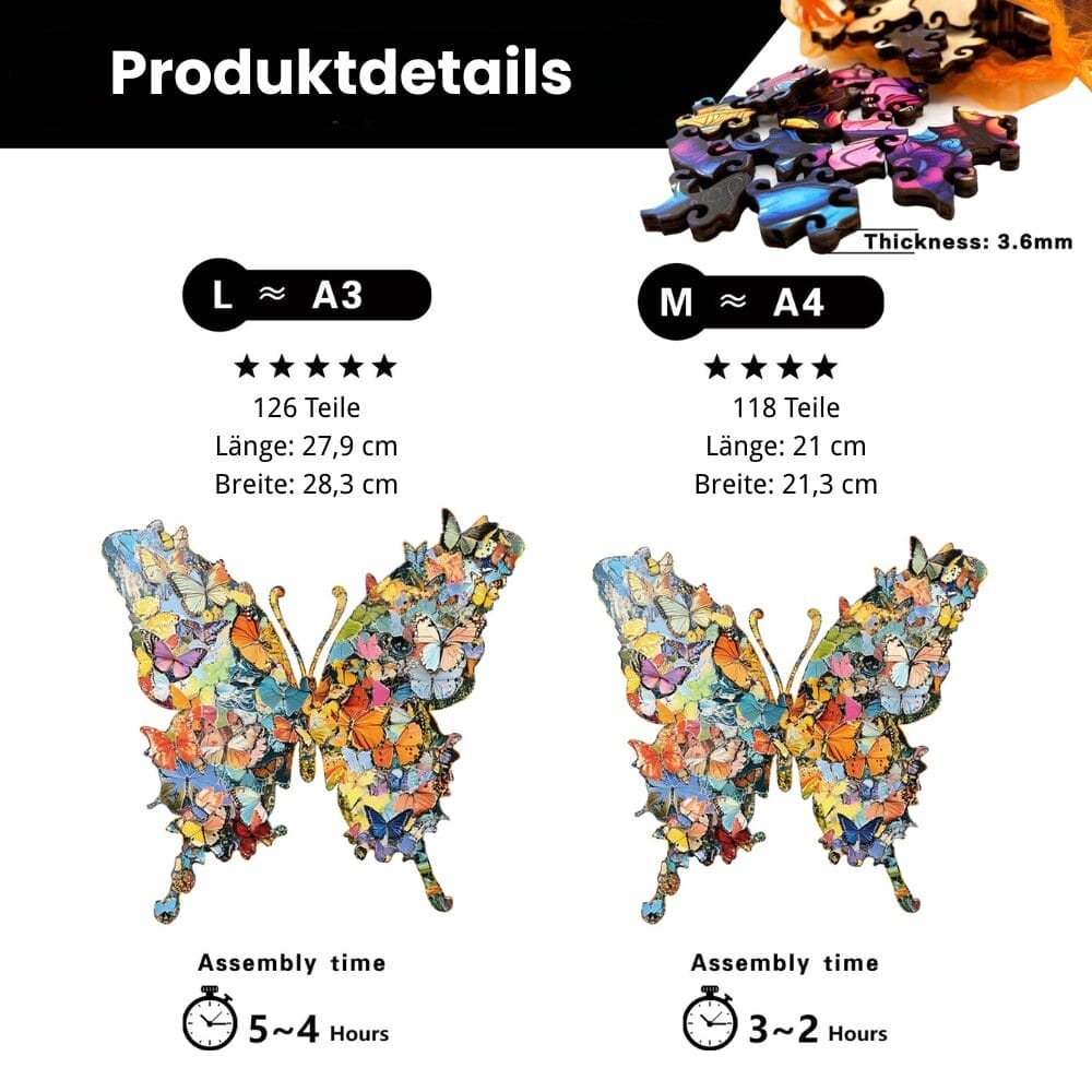 Schmetterling Puzzle Holz Größenvergleich: A3 (126 Teile) und A4 (118 Teile). Produktdetails mit Montagezeit.