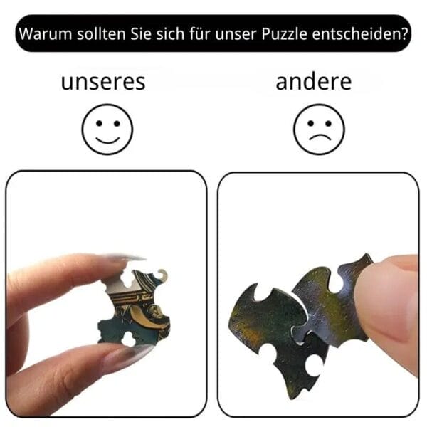 Warum unser Puzzle? Vergleich mit Smiley und traurigem Gesicht. Holzpuzzle-Qualitätsunterschied.