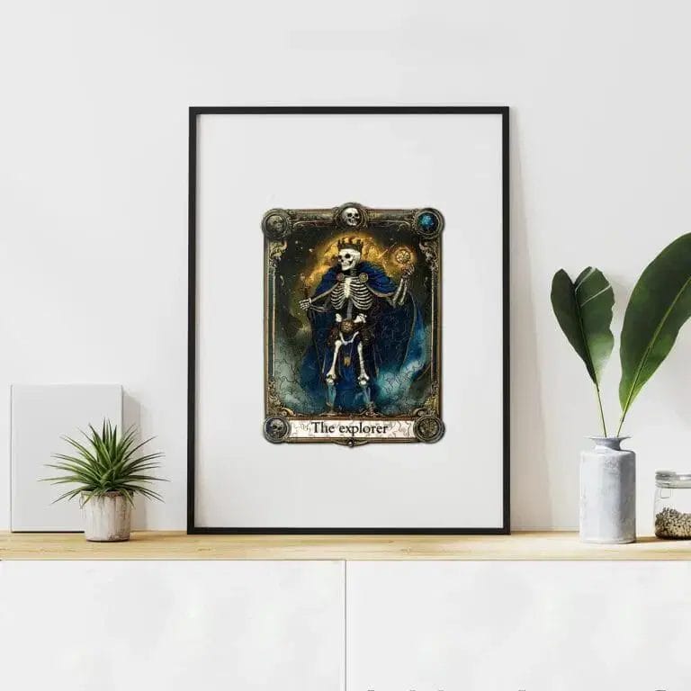 Skelett als "The Explorer" Tarotkarte. Holzpuzzle 200 Teile.