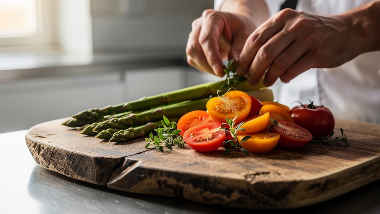 Koch bereitet frische Zutaten vor: Tomaten, Spargel und Kräuter auf Holzbrett.