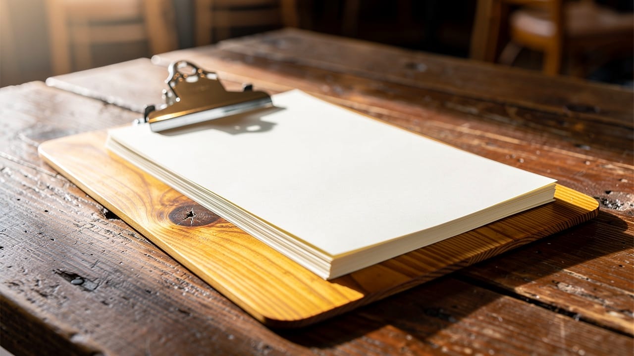 Leere Speisekarte auf Holzbrett mit Klemme auf rustikalem Holztisch