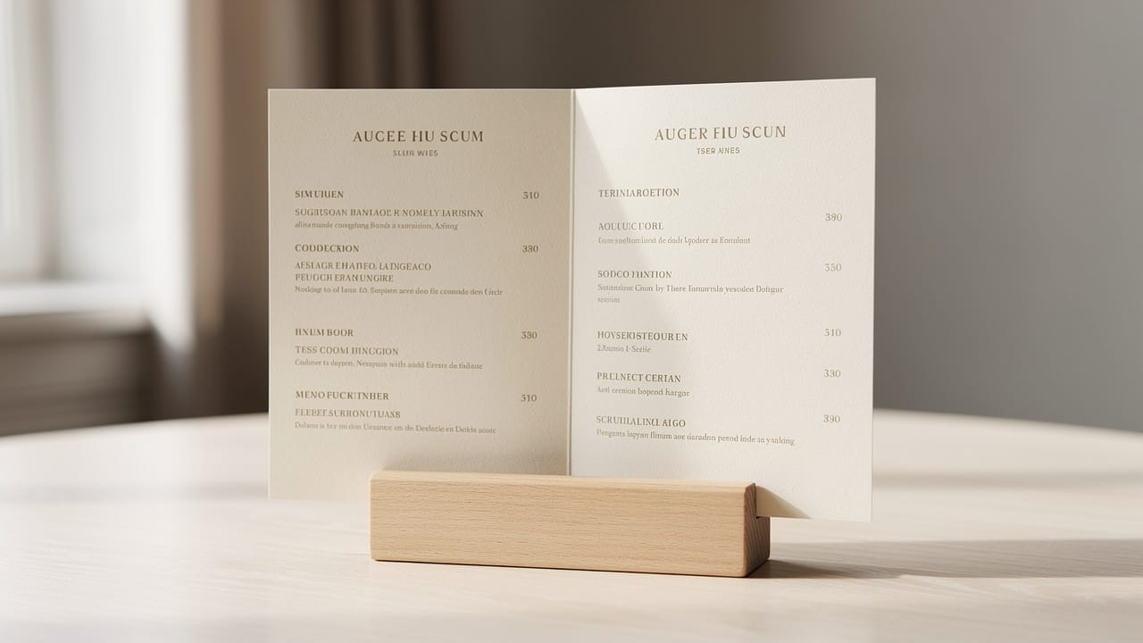 Edle Speisekarte auf Holzständer. Menüdesign-Inspiration für „Speisekarten gestalten“-Blog.