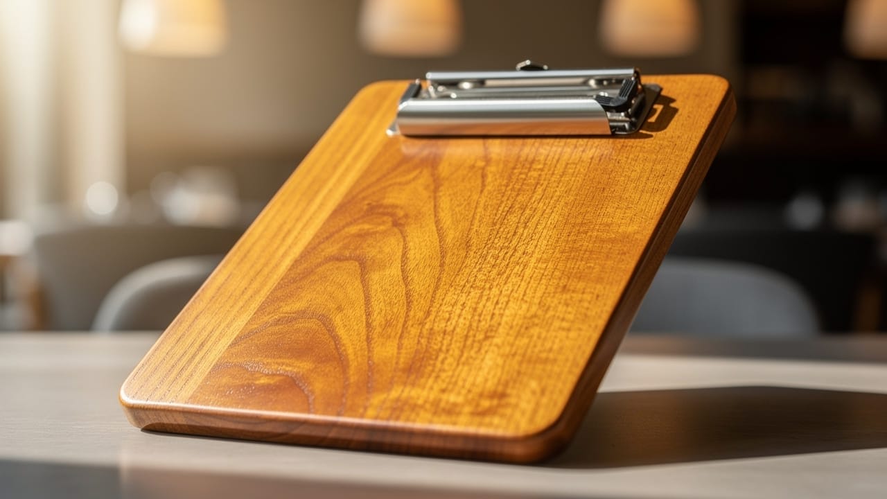 Holz-Klemmbrett auf einem Tisch, Speisekarten gestalten.