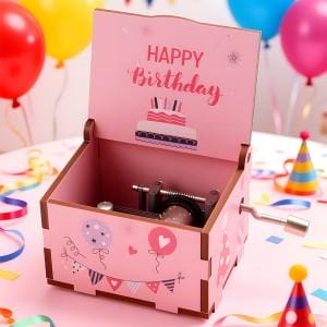 Rosa Geburtstags-Spieluhr mit "Happy Birthday"-Aufschrift und Ballons.