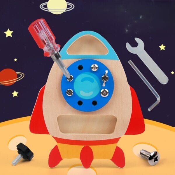 Montessori Holzspielzeug Rakete mit Schraubenzieher und Werkzeug für Kinder.