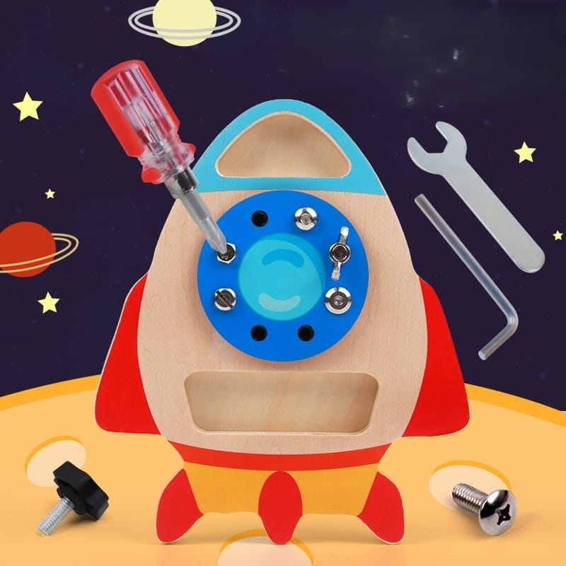 Montessori Holzspielzeug Rakete mit Schraubenzieher und Werkzeug für Kinder.