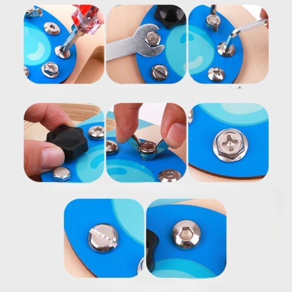 Montessori-Holzspielzeug: Werkzeugbrett mit Schrauben und Werkzeugen für Kinder.