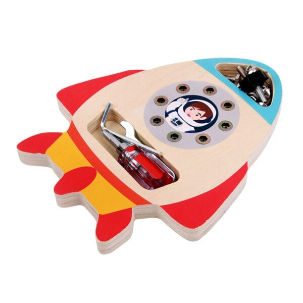 Montessori Holzspielzeug Rakete mit Werkzeug, Schrauben und Astronautenbild. Nachhaltiges Spielzeug für Kinder.