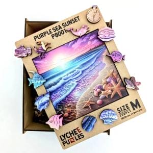 Holzpuzzle "Purple Sea Sunset" mit Meeresformen in Holzkiste. Lychee Puzzles, 200 Teile.