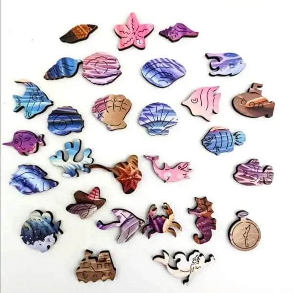 Puzzle Natur: Holzpuzzle mit Meeresformen. 200 Teile, Laserzuschnitt. Muscheln, Fische, Seepferdchen und U-Boot.