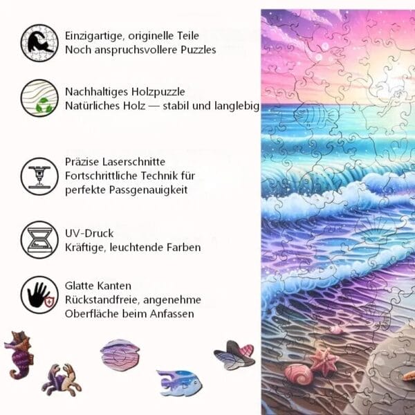 Puzzle Natur: Holzpuzzle mit einzigartigen Teilen und Meeresformen, Laserzuschnitt, UV-Druck, glatte Kanten.
