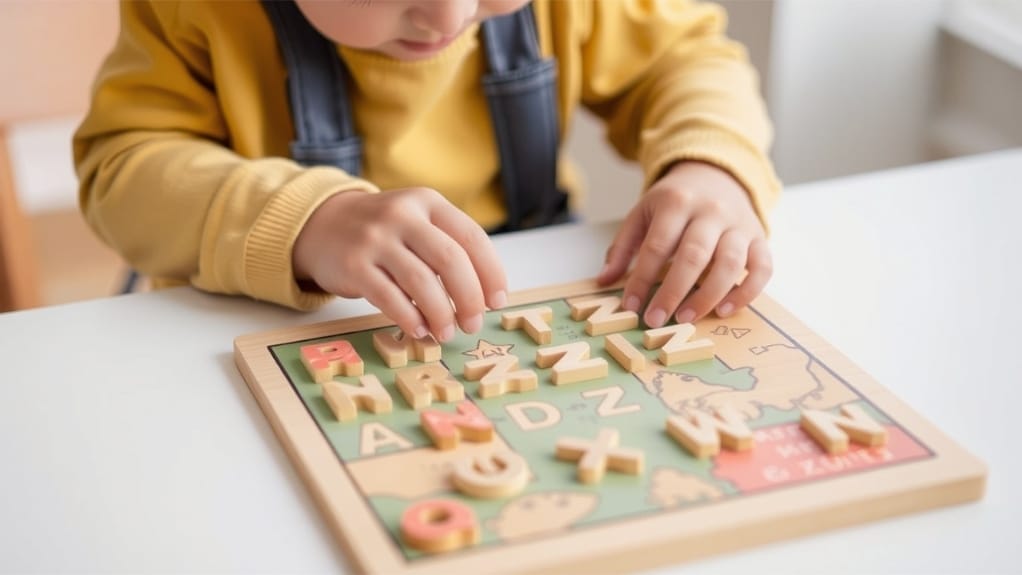 Kind spielt mit Holz-Alphabet-Puzzle, ein wertvolles Lernwerkzeug.