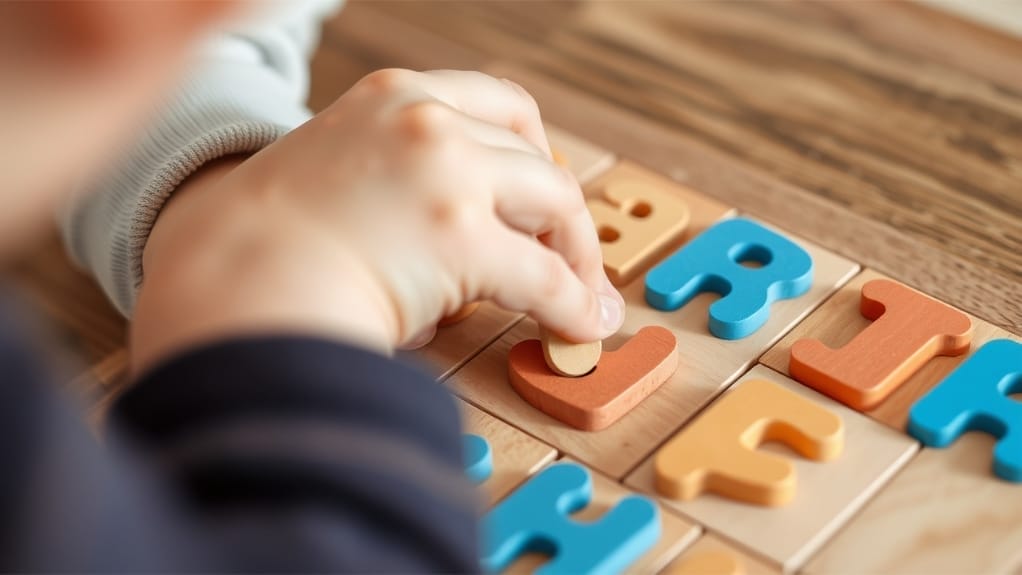 Kind spielt mit Holzalphabetpuzzle, ein wertvolles Lernwerkzeug für Kinder.
